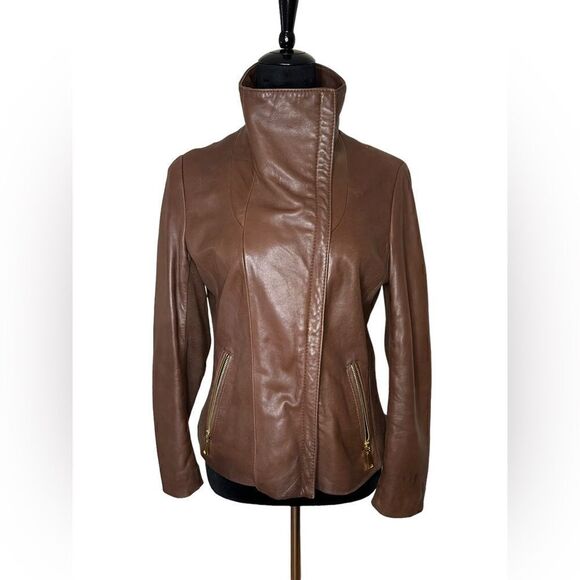Tahari Lamb Leather Brown Moto Jacket sz M - Picture 7 of 15